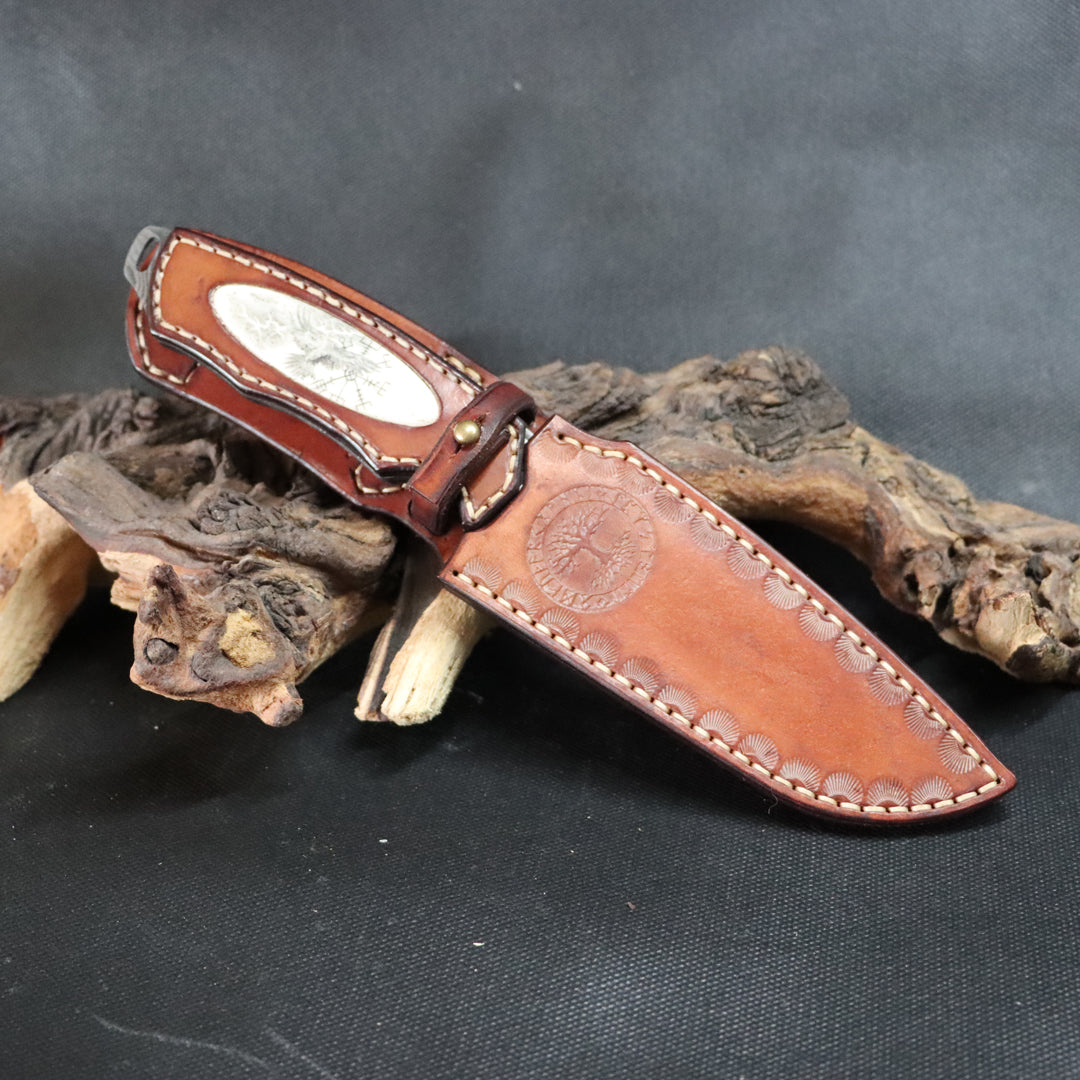 Damastklinge mit Leder-Griff & Scrimshaw