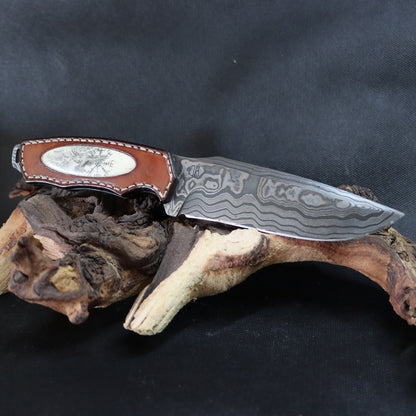Damastklinge mit Leder-Griff & Scrimshaw