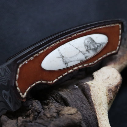 Damastklinge mit Leder-Griff & Scrimshaw